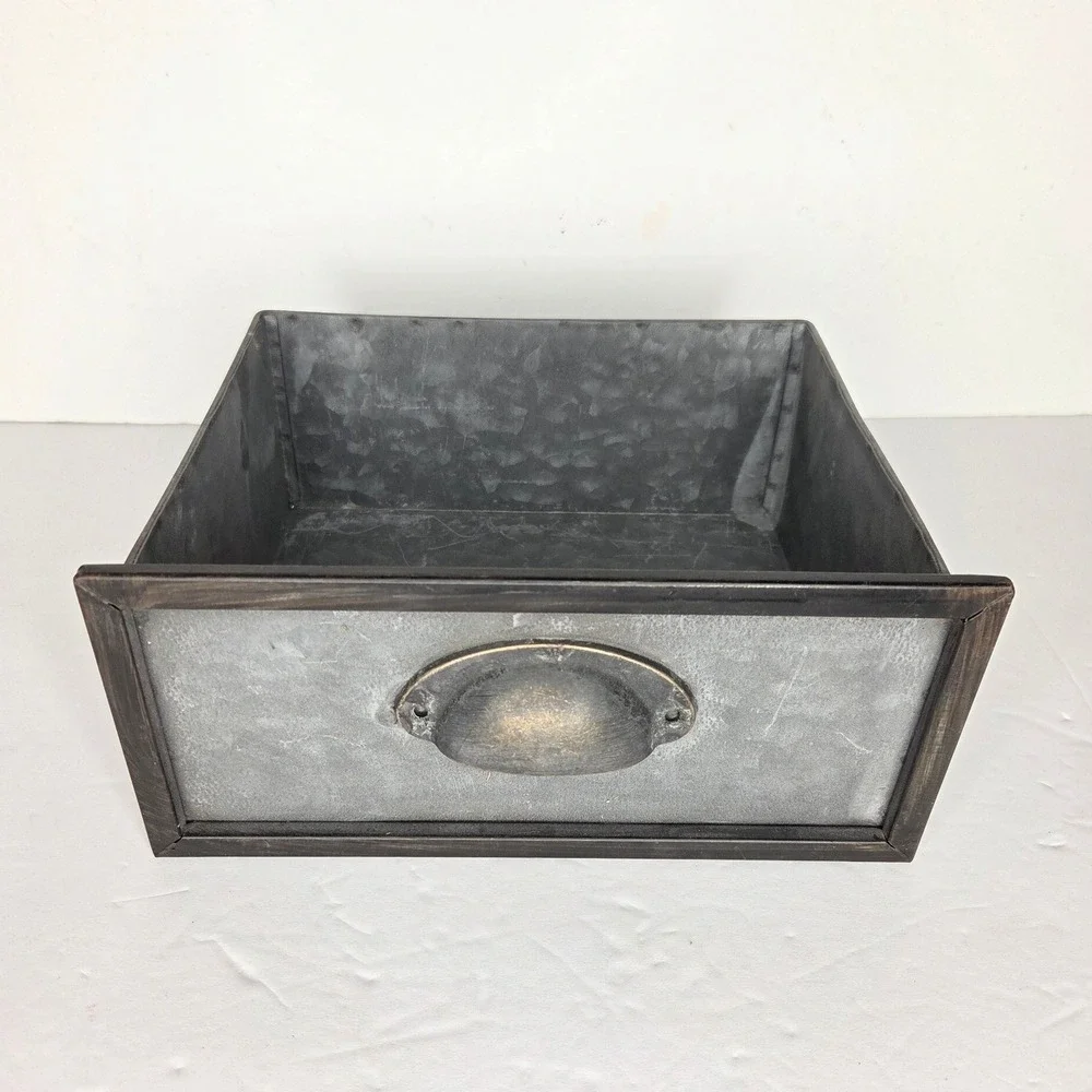 Galvanized Metal Storage Drawer Bin Industrial Farmhouse Gray Vignette